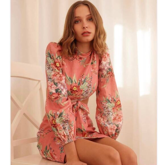 Zimmermann Bellitude Bow Front Pink Floral Linen Mini Dress Size 3/US 10 - Picture 5 of 11